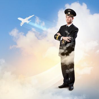 Image of male pilot with airplane flying around him