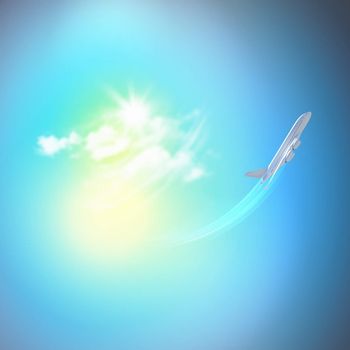 Image of flying airplane in clear sky with sun at background