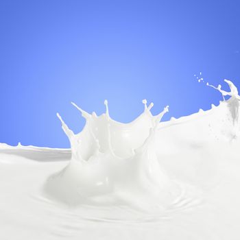 Pouring white milk splash on colour background