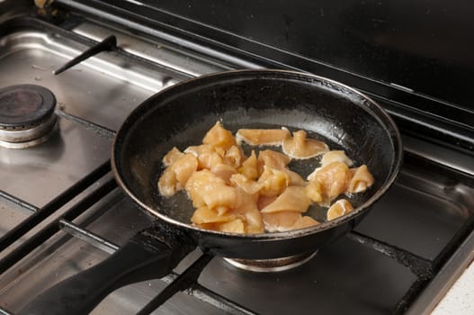 cooking the meat in the pan in the kitchen