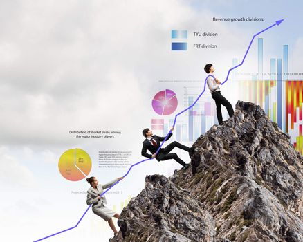 Image of young businesspeople pulling graph. Chart growth concept