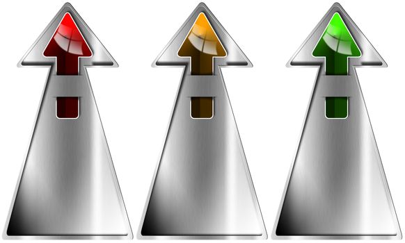 Three metallic banners with double arrows: red, orange and green 