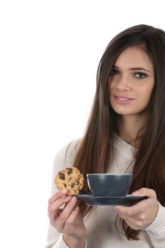 Woman Drinking a Cup of Tea and Biscuit