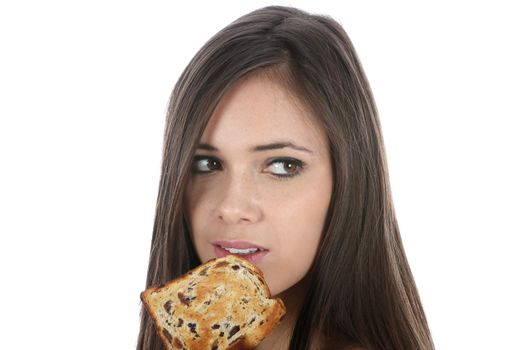 Woman Eating a Slice of Fruit Toast