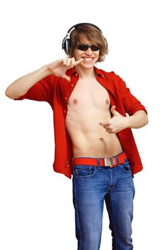 Happy smiling young man dancing and listening to music