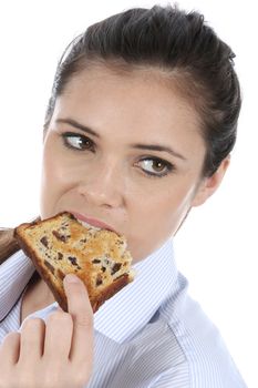 Woman Eating a Slice of Fruit Toast