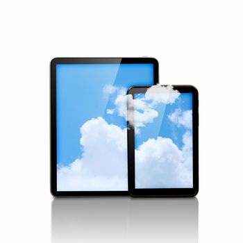 Set of two computer devices with clouds illustration