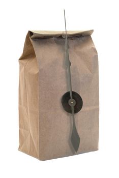 A brown paper bag with clock hands isolated on a white background