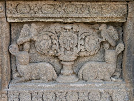 Prambanan panel, kalpataru tree flanked by a pair of animals, Prambanan temple, Indonesia, Java, Yogyakarta