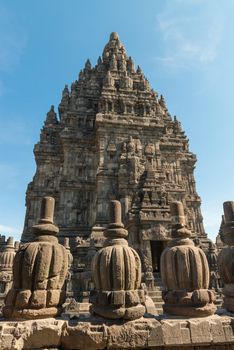 Rich decorated walls and roof of Prambanan temple, Indonesia, Java, Yogyakarta 