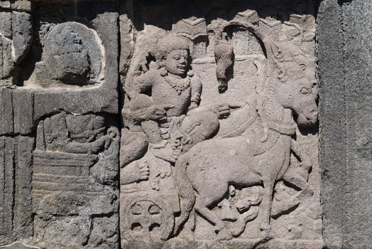 Detail of bas-relief carving on wall of Prambanan temple, Indonesia, Java, Yogyakarta 