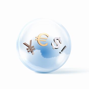 Currency signs - dollar, euro, yen and pound. Inside a glass sphere