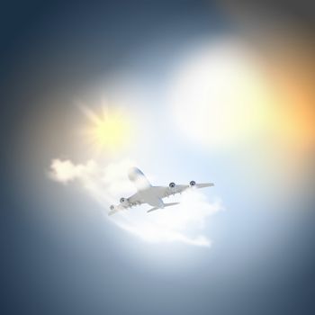 Image of flying airplane in clear sky with sun at background