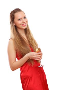Beautiful young blond woman in red dress with glass of champagne