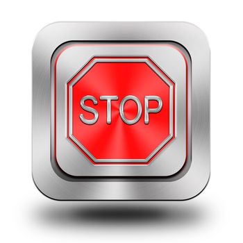 Stop, brushed aluminum or stainless steel, glossy icon, button, sign