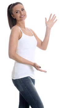 Model Released. Young woman Carrying Imaginary Noticeboard