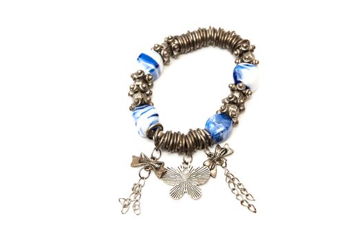Blue bead bracelet on a white background