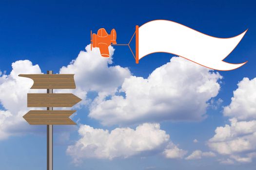 Cartoon aircraft pulling advertisement blank banner against blue sky background