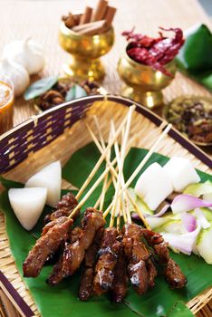 Beef satay, roasted meat skewer Malay food. Traditional Malaysia food. Hot and spicy Malaysian dish, Asian cuisine.
