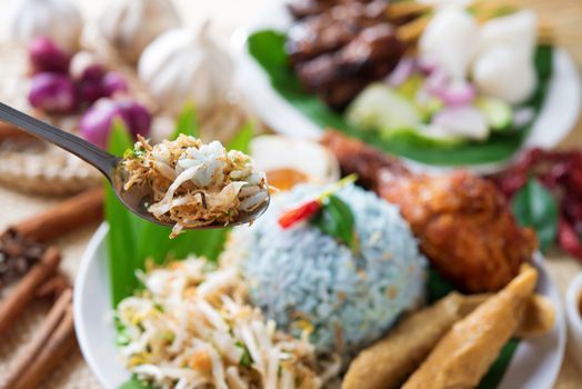 Nasi kerabu, famous Malaysian Malay rice dish. Traditional east coast blue rice. Popular in states such as Terengganu or Kelantan . Malaysia food, Asian cuisine.