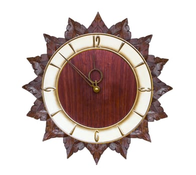Vintage clock made of wood isolated on white