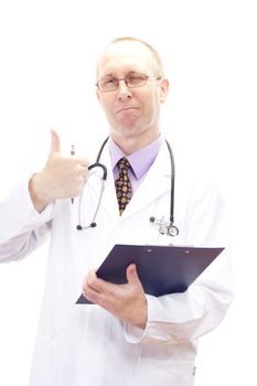 Happy male physician winks and shows thumb up