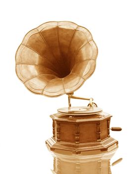 Vintage Gramophone with disc isolated on grunge background