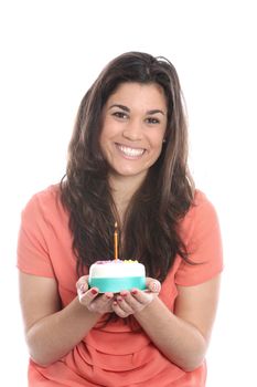 Model Released. Young Woman Holding a Birthday Cake with a Candle