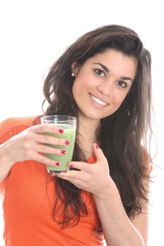 Model Released. Young Woman Drinking Apple and Asparagus Juice