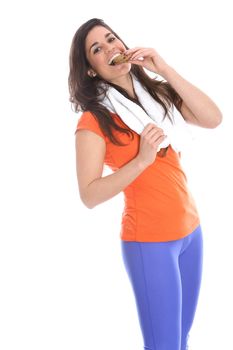 Model Released. Young Woman Eating a Cereal Energy Bar