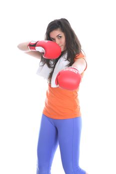 Model Released. Young Woman Wearing Boxing GLoves