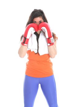 Model Released. Young Woman Wearing Boxing GLoves