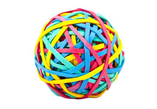 A ball made up from Rubber/Elastic Bands over a white background.