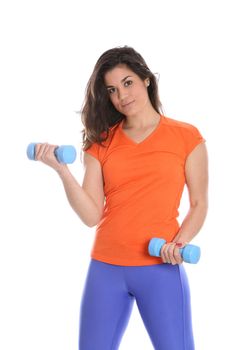 Model Released. Young Woman Exercising with Dumbbell Weights