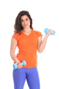 Model Released. Young Woman Exercising with Dumbbell Weights