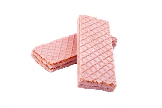 Two Pink Wafer snacks over a white background.