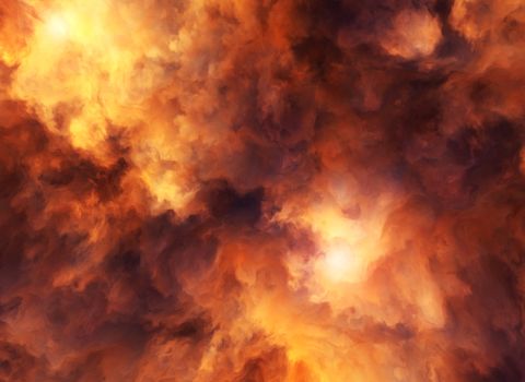 Illustrated roiling red and yellow clouds representing intense energy, massive explosion or fiery conflagration.