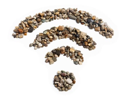 A wifi symbol made of wet pebbles and stones against a white background.