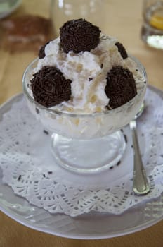 glass of chocolate truffle cream and sugar
