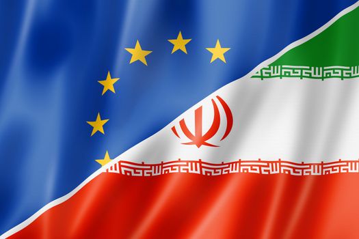 Mixed Europe and Iran flag, three dimensional render, illustration