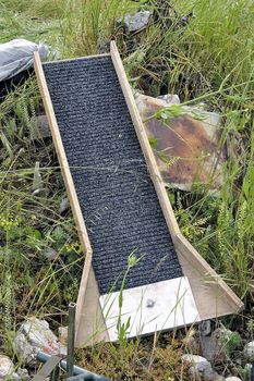 Cardet - France - May 18th, 19th and 20th, 2013 - European Cup of the gold diggers in river. sluice or spray bar posed in grass while waiting to be used 