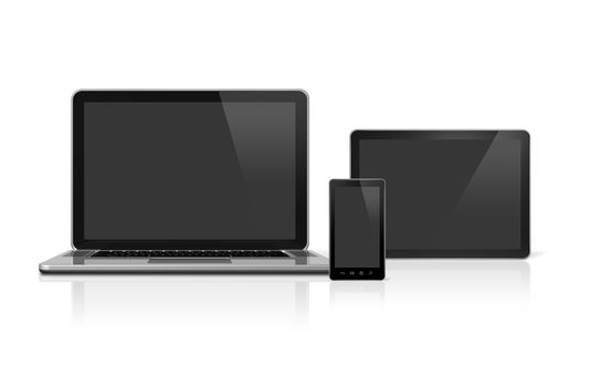 3D laptop, mobile phone and digital tablet pc - isolated on white with clipping path