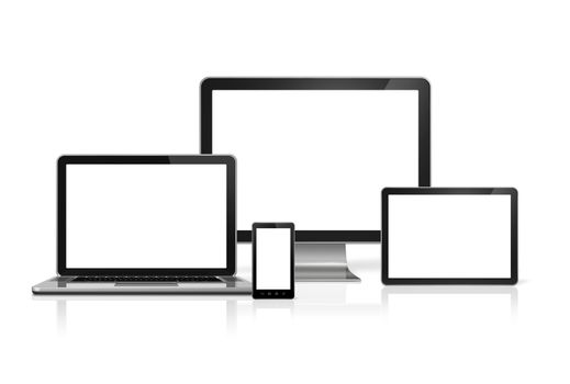 3D computer, laptop, mobile phone and digital tablet pc - isolated on white with clipping path