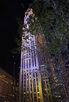NEW YORK, USA - MAY 5: GE Building at Rockefeller Center at night 5 may 2013, New York. The 70 story building is 10th largest in the city and centerpiece of the Rockefeller Center complex.