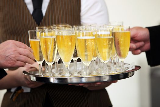 Tray of chilled champagne in elegant flutes being carried by a waiter at a catered event with male hands helping themselves to a glass