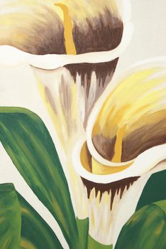 A painting of calla lilies on a canvas.