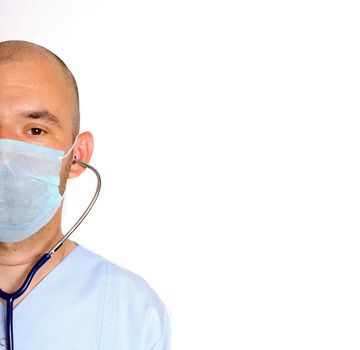 half face doctor with mask over white background