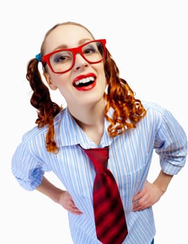 Teenager girl with pigtails in red glasses