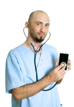 doctor with blue robe over white background consulting a smartphone