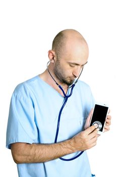 doctor with blue robe over white background consulting a smartphone